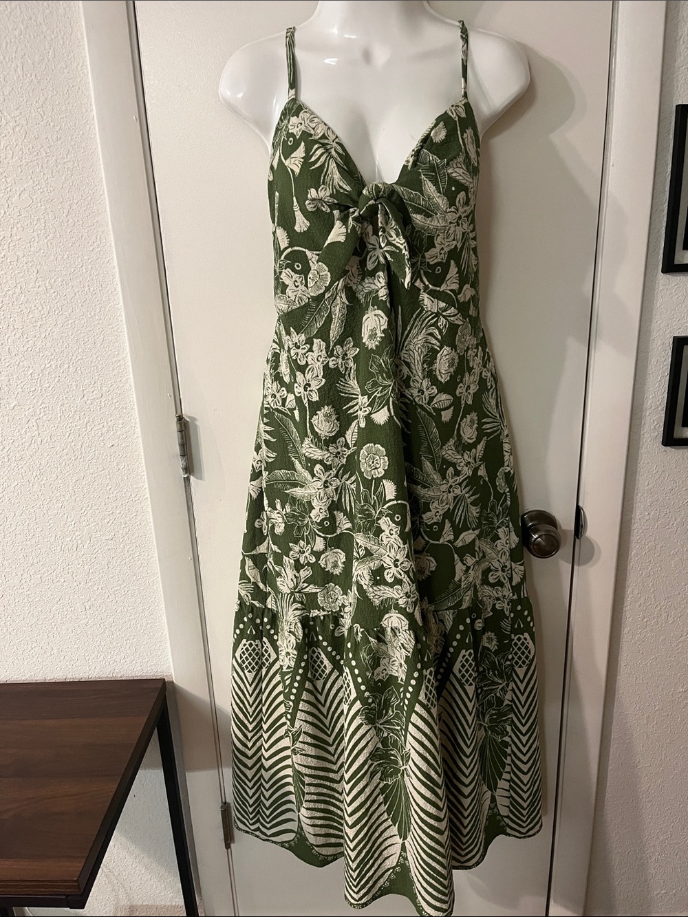 Sofia Vergara Olive Green Floral Tie-Front Midi Dress